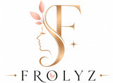 A stylized gold monogram letter F with a woman's profile silhouette, pink leaves, and small stars above the word 'FROLYZ' on a white background.