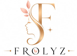 A stylized gold monogram letter F with a woman's profile silhouette, pink leaves, and small stars above the word 'FROLYZ' on a white background.