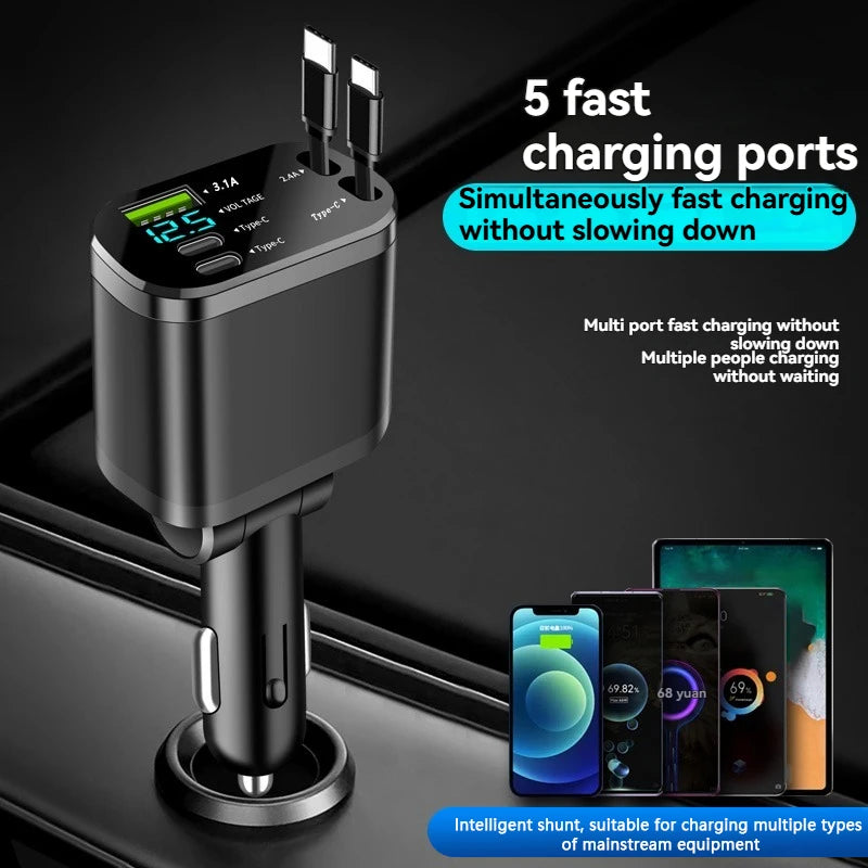 5-in-1 Car Fast Charger with Retractable Cable